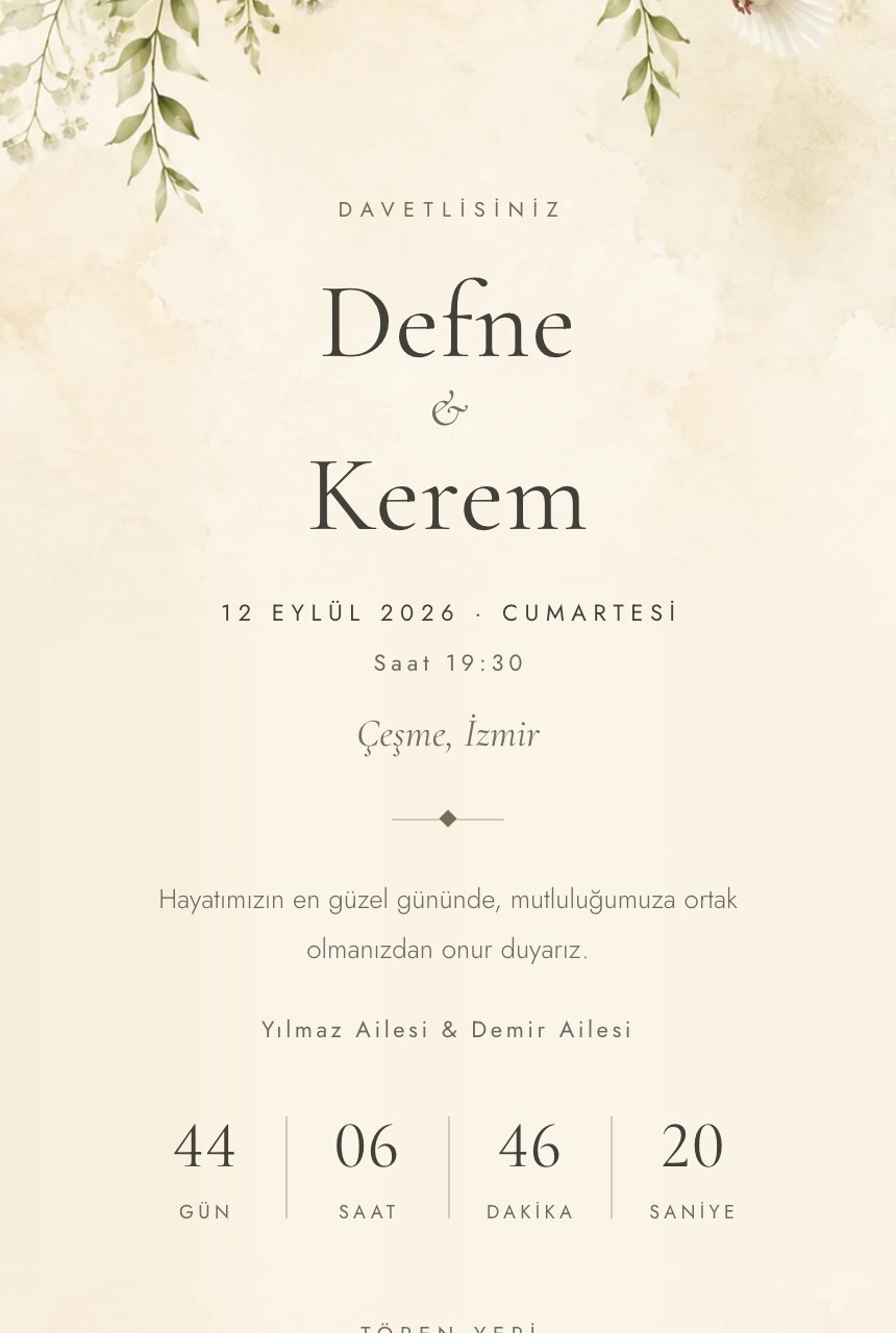 Beyaz Gül şablonunun telefon ekranındaki görünümü: beyaz güller ve yeşilliklerle çerçevelenmiş krem davetiye