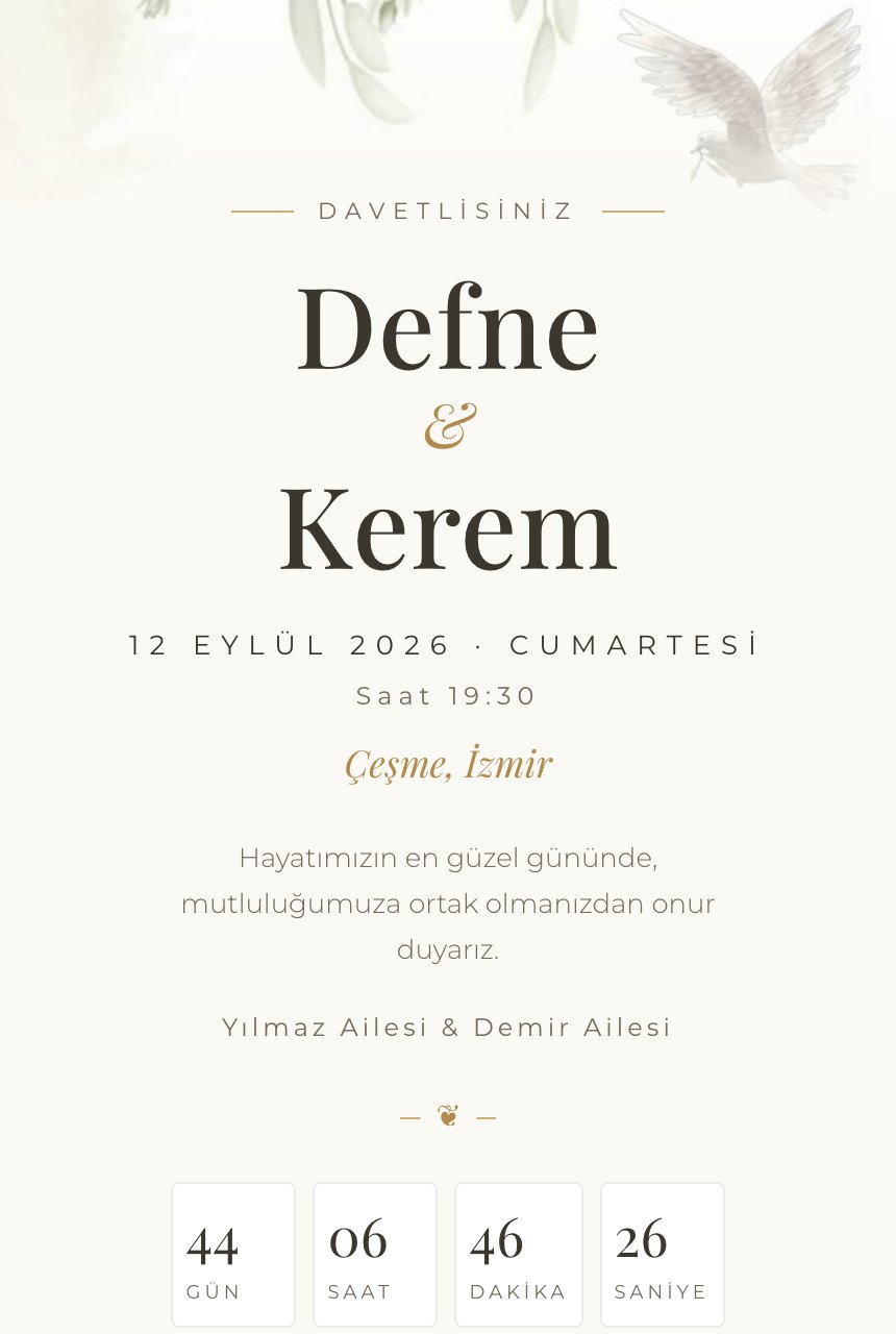 Klasik Krem şablonunun telefon ekranındaki görünümü: krem zemin üzerinde suluboya çiçek köşeler, ortada isimler ve tarih