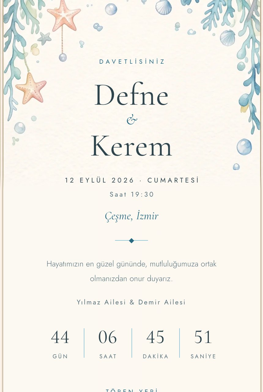 Deniz Kızı şablonunun telefon ekranındaki görünümü: deniz kızı kuyruğu, inci kabuğu ve mercanlar