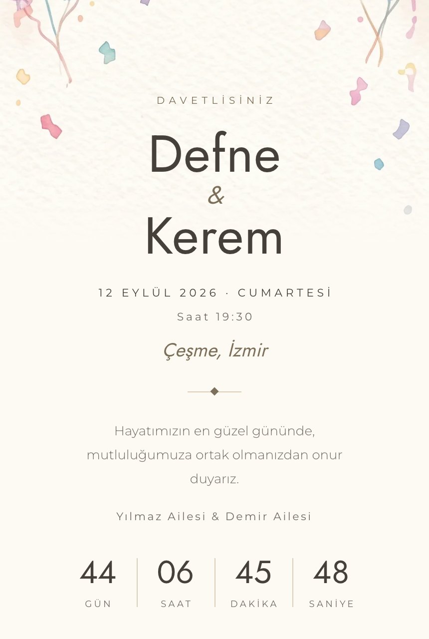 Doğum Günü şablonunun telefon ekranındaki görünümü: balonlar, pasta ve renkli flamalar