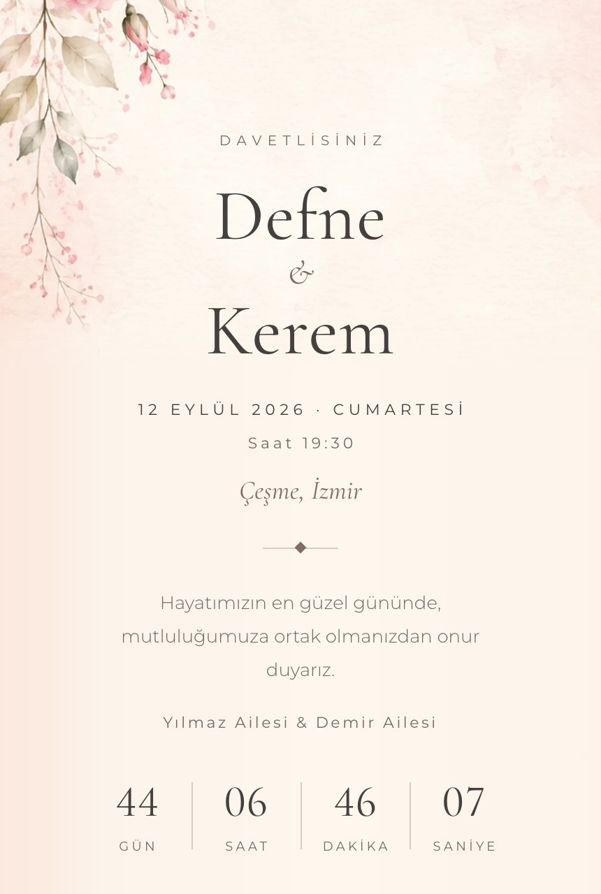 Pudra Gül şablonunun telefon ekranındaki görünümü: pudra pembe güller ve yumuşak suluboya zemin
