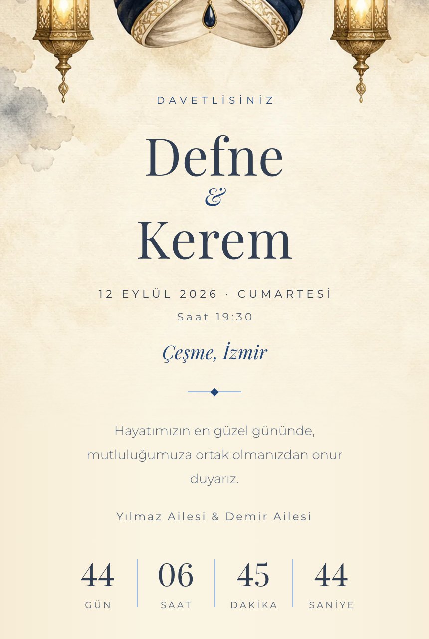 Sünnet şablonunun telefon ekranındaki görünümü: lacivert zemin üzerinde sarık, asma fenerler ve davul motifi